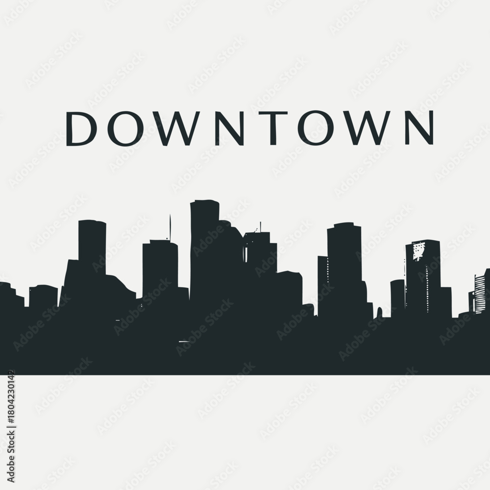 Naklejka premium Black silhouette of a modern city skyline with the word Downtown.