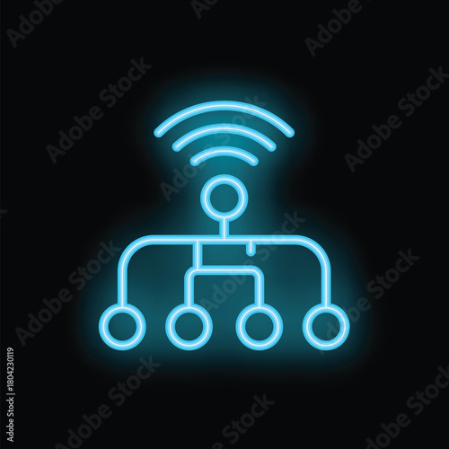 Blue neon icon of a wifi signal connecting a network of computers or people