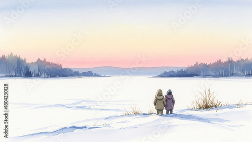 Wallpaper Mural Watercolor Painting of Two Children in Winter Landscape Torontodigital.ca
