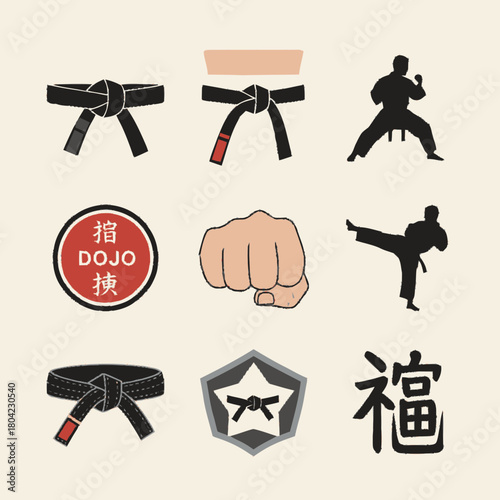 Set of Japanese Martial Arts Icons with Black Belts and Fighter Silhouettes.