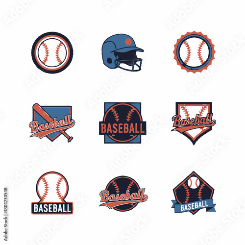 Set of isolated baseball sport logos and equipment icons.