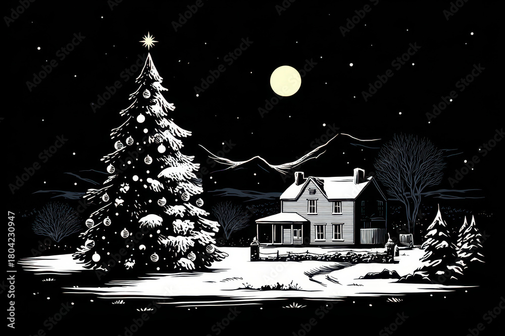 Naklejka premium Christmas tree, a high contrast black and white graphic, showing a massive snow covered pine and forest against a dark black night sky with a full moon for an elegant xmas mood