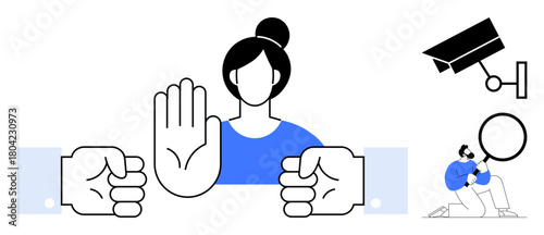 Woman with raised hand symbolizing restriction or protest, bound hands, surveillance camera, man with magnifier. Ideal for privacy, control, monitoring, justice, protest restriction rights topics