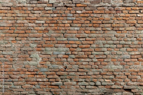 Weathered red brick wall with visible mortar and texture close up view