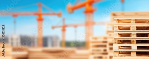 Stacked wooden pallets in foreground with construction cranes and buildings in background under blue sky