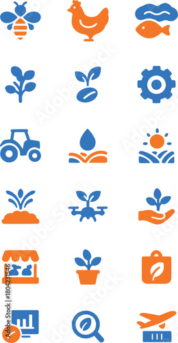 Collection of farming and agriculture solid icons including harvest, cultivation, irrigation, farmer and ranch
