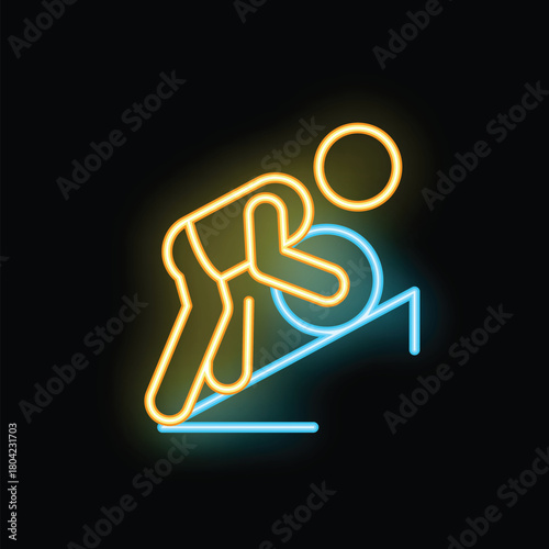 Neon sign representing a man working his abs by using a fitness ball on an inclined board