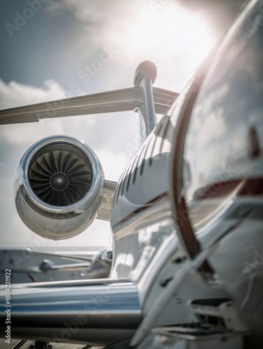 High-resolution detailed view of sleek private jet engine and fuselage reflecting sunlight on a bright day at the airport runway terminal