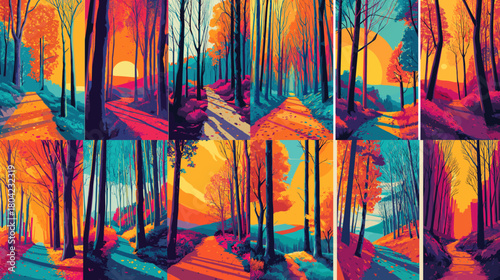 Colorful forest path illustration with glowing sunlight, tall trees and dramatic shadows. Ideal for landscape art, nature themes, wall decor and atmospheric creative designs.