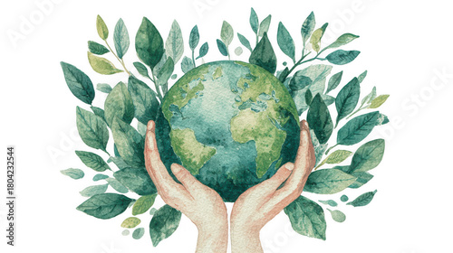 Watercolor Hands Gently Holding Planet Earth Surrounded by Green Leaves Symbolizing Conservation