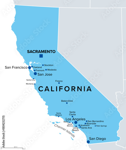 State of California, political map. State in the Western United States, on the Pacific Coast, with capital Sacramento, and largest city Los Angeles. Isolated illustration on white background. Vector