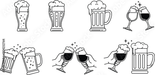 Beer and wine glass vector set, clinking drinkware icons, celebration line art, festive toast, black graphic, stock illustration, party