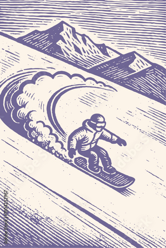 A snowboarder carves down a snowy mountain slope. Hand-drawn vector illustration in a vintage, retro engraving or woodcut art style.