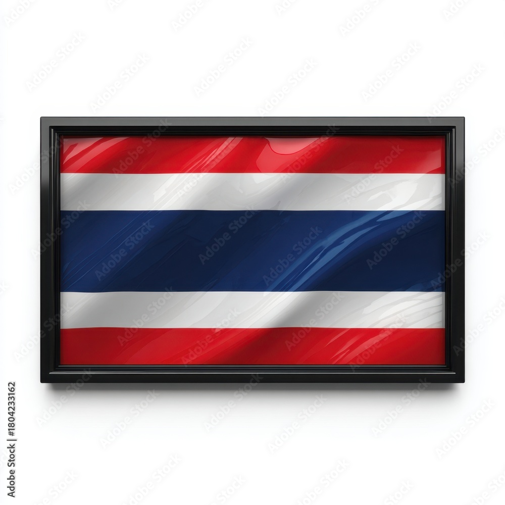 Fototapeta premium Framed Thai flag with red white and blue stripes displayed against a white background