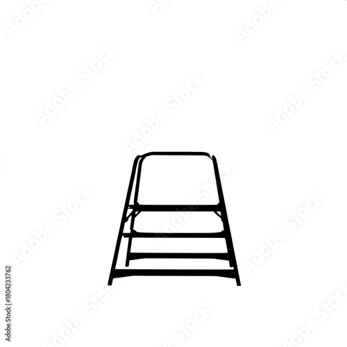 A high-contrast black silhouette of a step ladder with three wide steps, set in the middle of a pristine white field, devoid of any shadows or textures, emphasizing its modern and minimalistic design,