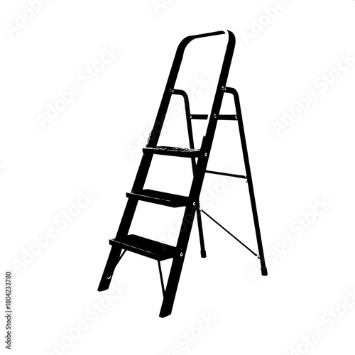 A high-contrast black silhouette of a step ladder with three wide steps, set in the middle of a pristine white field, devoid of any shadows or textures, emphasizing its modern and minimalistic design,