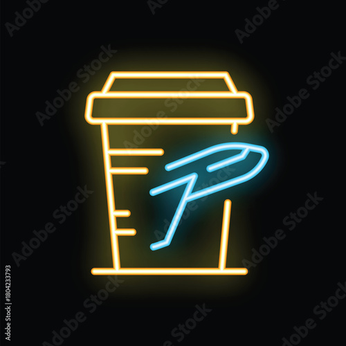 Neon glowing icon of a coffee cup and an airplane taking off from inside, perfect for projects related to travel, coffee, or the excitement of new adventures