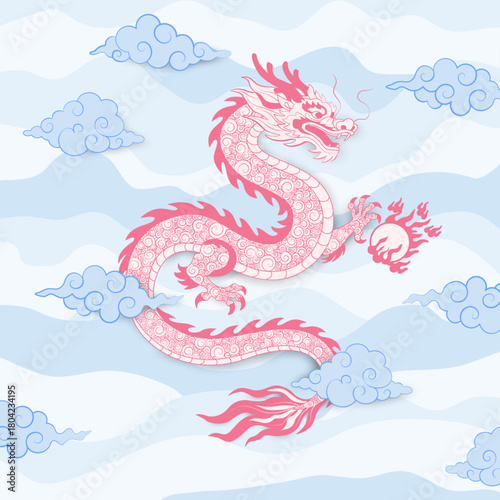 Oriental Paper Cut Dragon with Clouds