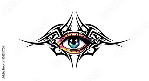 Cyber Sigilism Tribal Tattoo Design with Pixel Art Eye