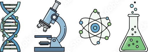 A graphic illustration of scientific icons including DNA, a microscope, an atom, and a beaker with green liquid on a white background with a clean and educational style.