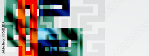 Abstract geometric shapes, vibrant colors blend. Complex patterns create modern digital artwork. Minimalist style, intriguing composition.