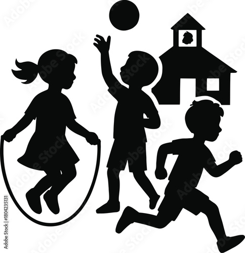 Children playing with a ball jump rope and running near a building