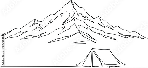 Mountain landscape with a camping tent in minimalist continuous line art