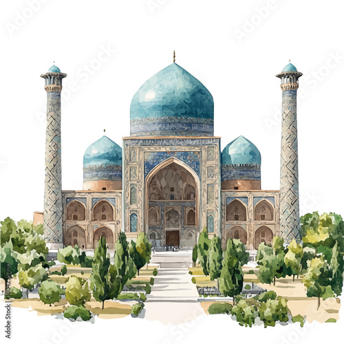 Samarkand Registan, watercolor drawing vector, isolated on a white background.