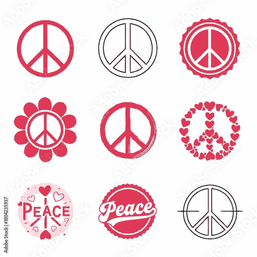 Collection of nine peace symbol variations in red and black outlines, including floral, heart, and badge designs, on a white background.