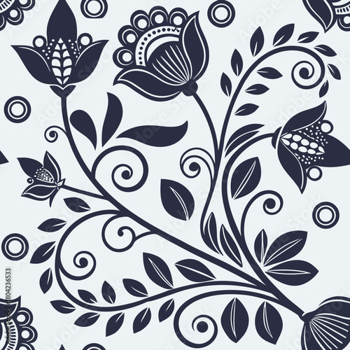 Elegant floral pattern with dark flowers and swirling vines on a light background