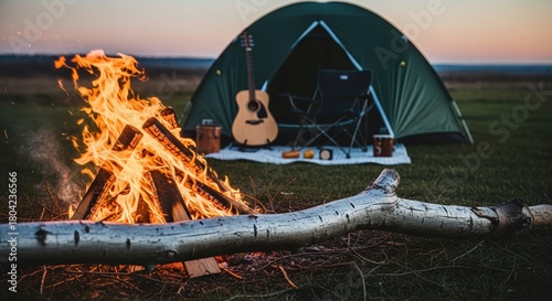 Warm campfire burning brightly in the wilderness with a tent and guitar set up at dusk