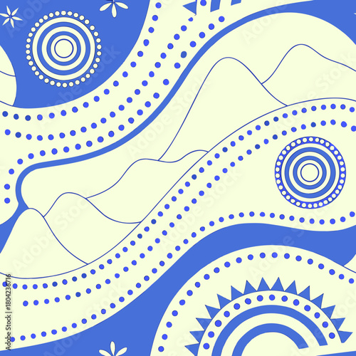 Stylish Aboriginal-inspired pattern featuring wave-like shapes and circular motifs in blue and white