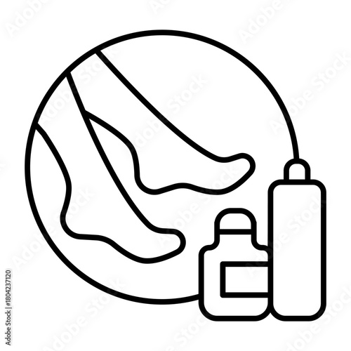 Feet of woman and foot cream jars thin line icon, spa salon concept. Vector graphics. Girl foots with oil bundle, therapy sign on white background, style icon mobile or web design.