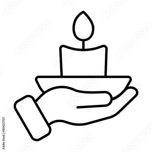 Saucer with wax candles in hand thin line icon, spa salon concept. Vector graphics. Hand with aroma candlelight, therapy sign on white background, style icon mobile or web design.