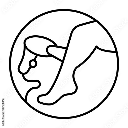 Woman leg skin with depilator tool thin line icon, spa salon concept. Vector graphics. Skin hair depilation process bubble sign on white background, style icon mobile or web design.