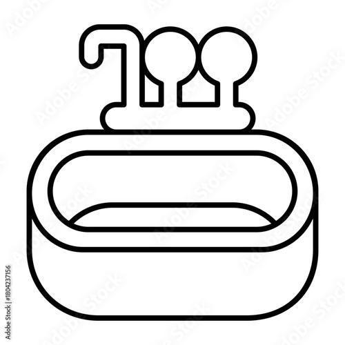 Washbasin thin line icon, spa salon concept. Vector graphics. Ceramic sink with hot and cold water faucet, bath time sign on white background, style icon mobile or web design.