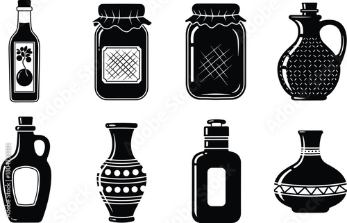 Black and white bottle illustration, vintage jars, container clipart, packaging design, condiment vessels, hand drawn, sketch style, kitchen decor