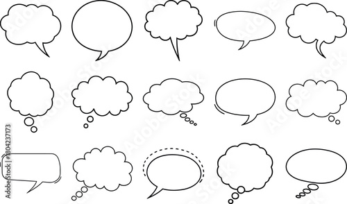 Collection of hand drawn speech bubbles and thought bubbles in various shapes and styles