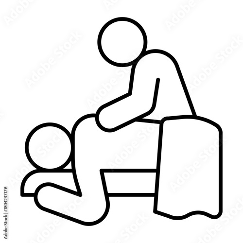 Masseur and man with towel thin line icon, spa massage concept. Vector graphics. Massaging client back on bed, therapy sign on white background, style icon mobile or web design.