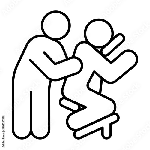 Masseur with man at salon chair thin line icon, spa massage concept. Vector graphics. Massaging art for client back, therapy sign on white background, style icon mobile or web design.
