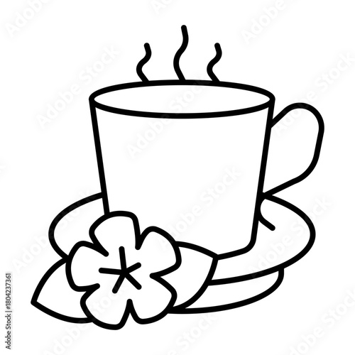 Flower with tea cup on saucer thin line icon, spa salon concept. Vector graphics. Scented herbal drink cup, aromatherapy sign on white background, style icon mobile or web design.