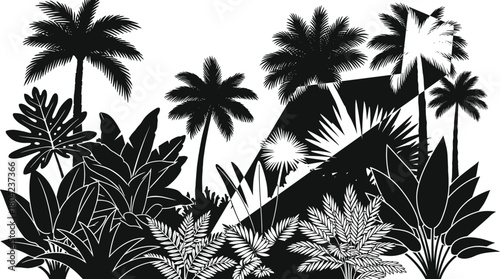 Black and white tropical jungle silhouette with palm trees, monstera leaves, and ferns, isolated vector design element.