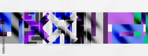 Abstract geometric shapes, vibrant blues, purples, greens. Modern design with layered rectangles, triangles, blurred edges. Minimalist composition.
