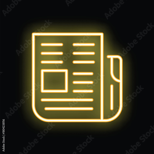 Yellow neon sign depicting a newspaper with a bookmark on a black background