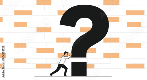 Determined man pushing giant question mark on brick wall, concept of solving business problem or obstacle, searching for answers, challenge