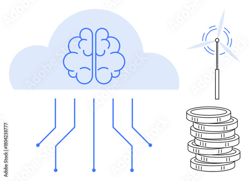 Brain within cloud connected by digital lines, wind turbine, and coin stack. Ideal for AI, cloud computing, renewable energy, technology, sustainability innovation digital economy. Simple flat