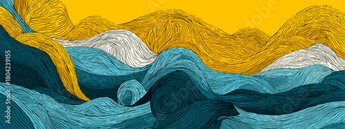 Dynamic Abstract Waves with Blue Water and Yellow Sky Creating a Bold Oceanic Scene