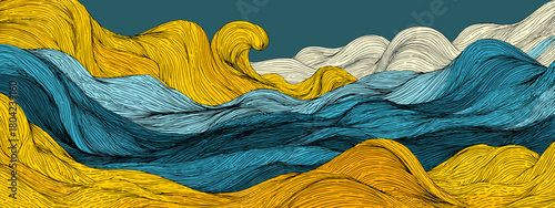 Dynamic Abstract Waves with Blue Water and Yellow Sky Creating a Bold Oceanic Scene