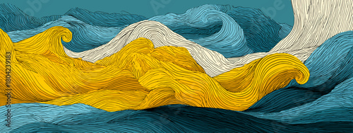 Dynamic Abstract Waves with Blue Water and Yellow Sky Creating a Bold Oceanic Scene