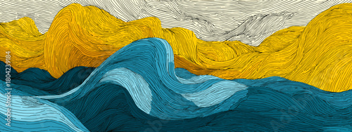 Dynamic Abstract Waves with Blue Water and Yellow Sky Creating a Bold Oceanic Scene